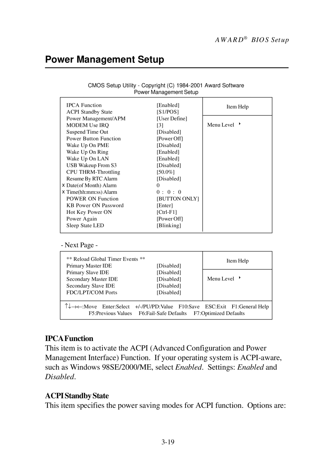 Premio Computer Aries/Centella manual Power Management Setup, IPCAFunction, ACPIStandbyState 