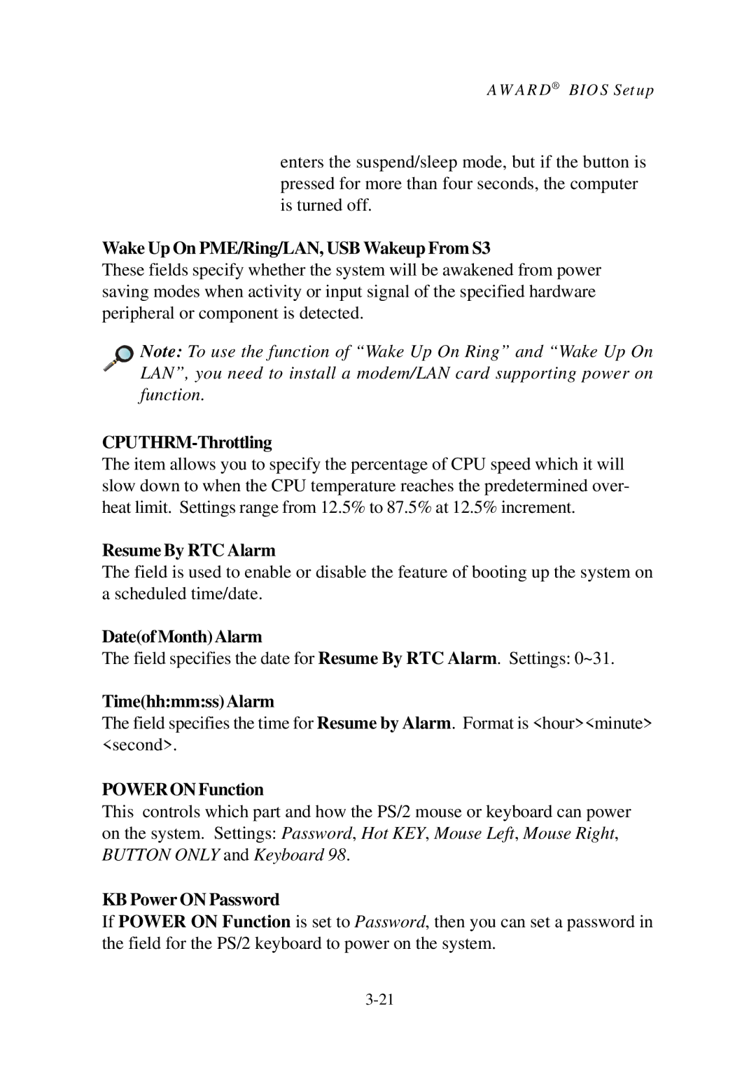 Premio Computer Aries/Centella manual Wake Up On PME/Ring/LAN, USB Wakeup From S3, CPUTHRM-Throttling, Resume By RTC Alarm 