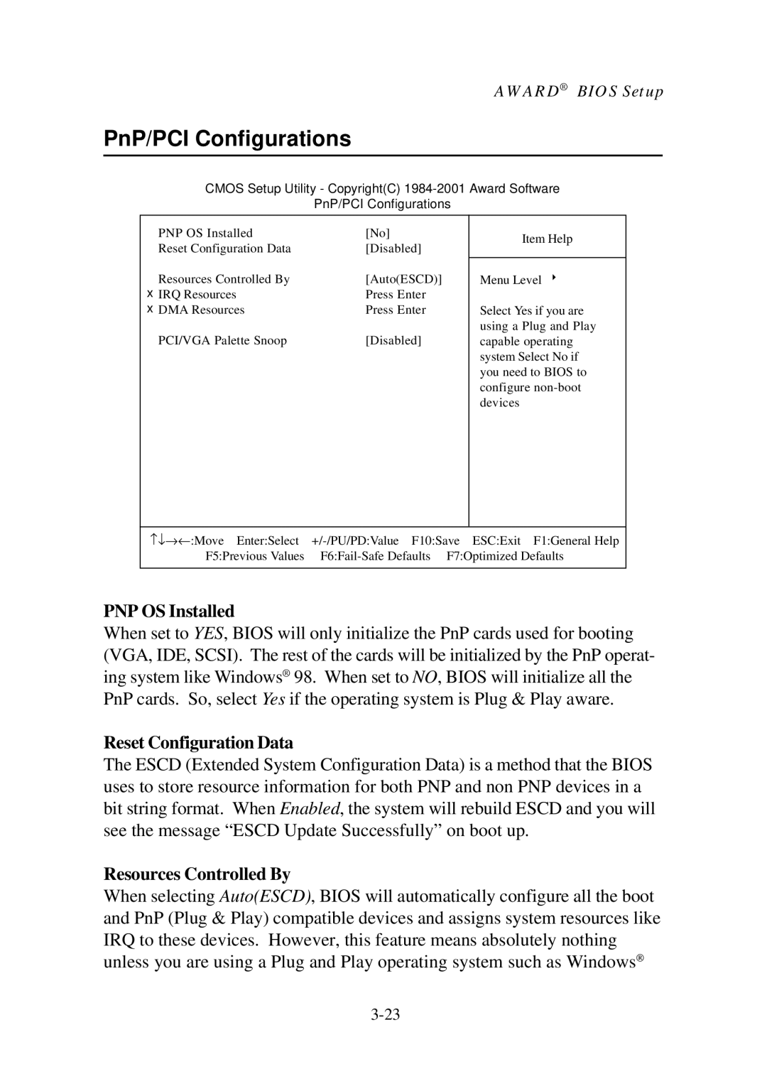 Premio Computer Aries/Centella PnP/PCI Configurations, PNP OS Installed, Reset Configuration Data, Resources Controlled By 