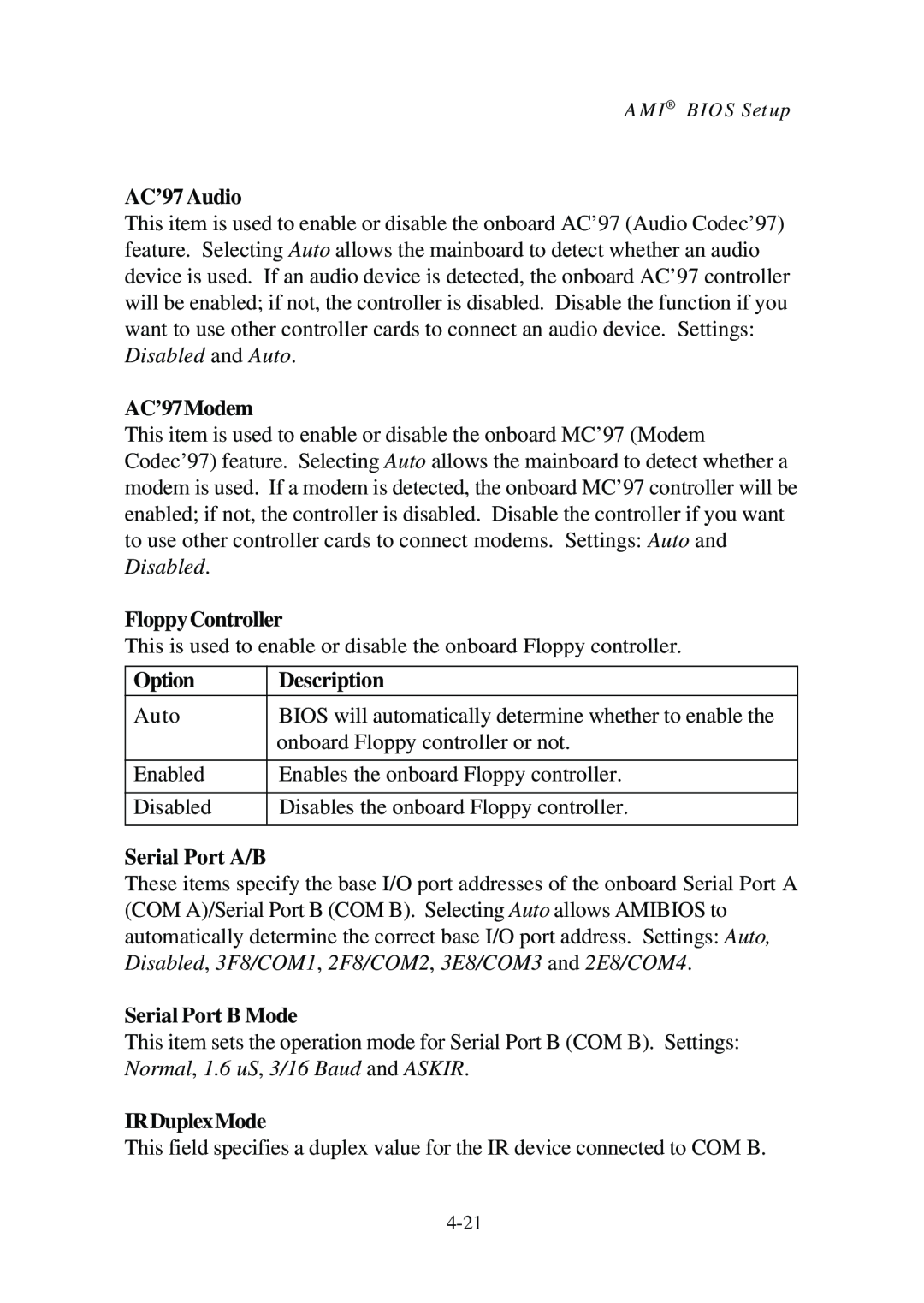 Premio Computer Aries/Centella manual AC’97 Audio, AC’97Modem, FloppyController, Option, Description, Serial Port A/B 