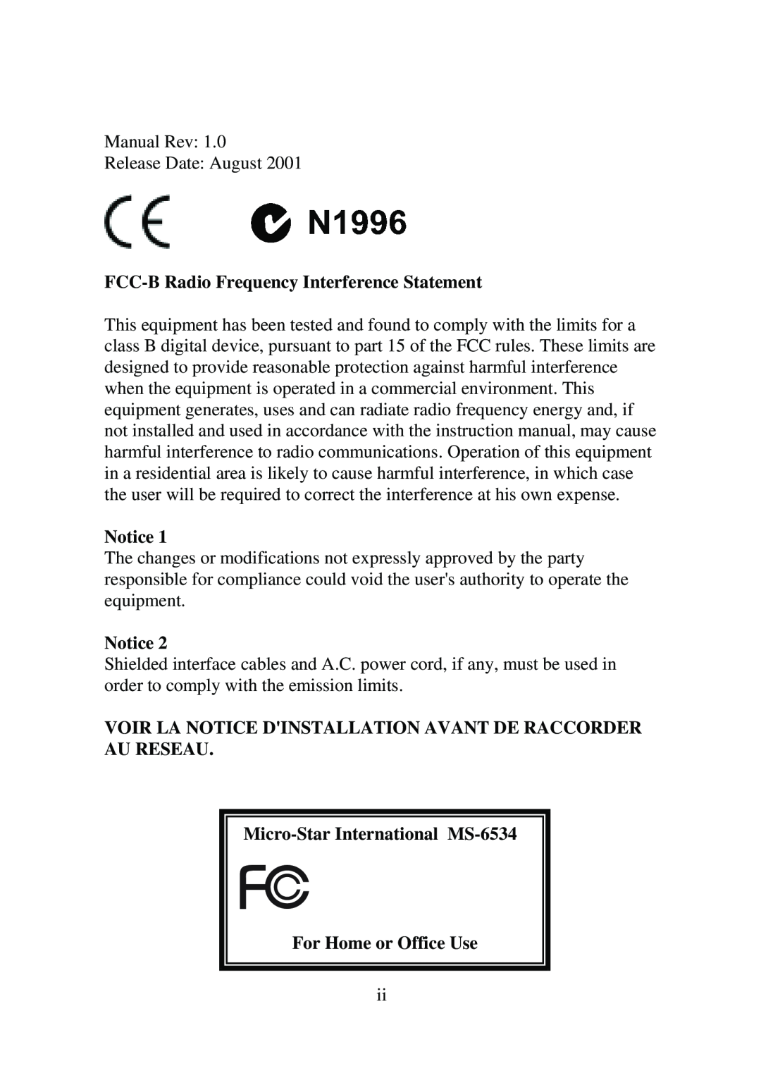 Premio Computer Aries/Centella manual FCC-B Radio Frequency Interference Statement, For Home or Office Use 