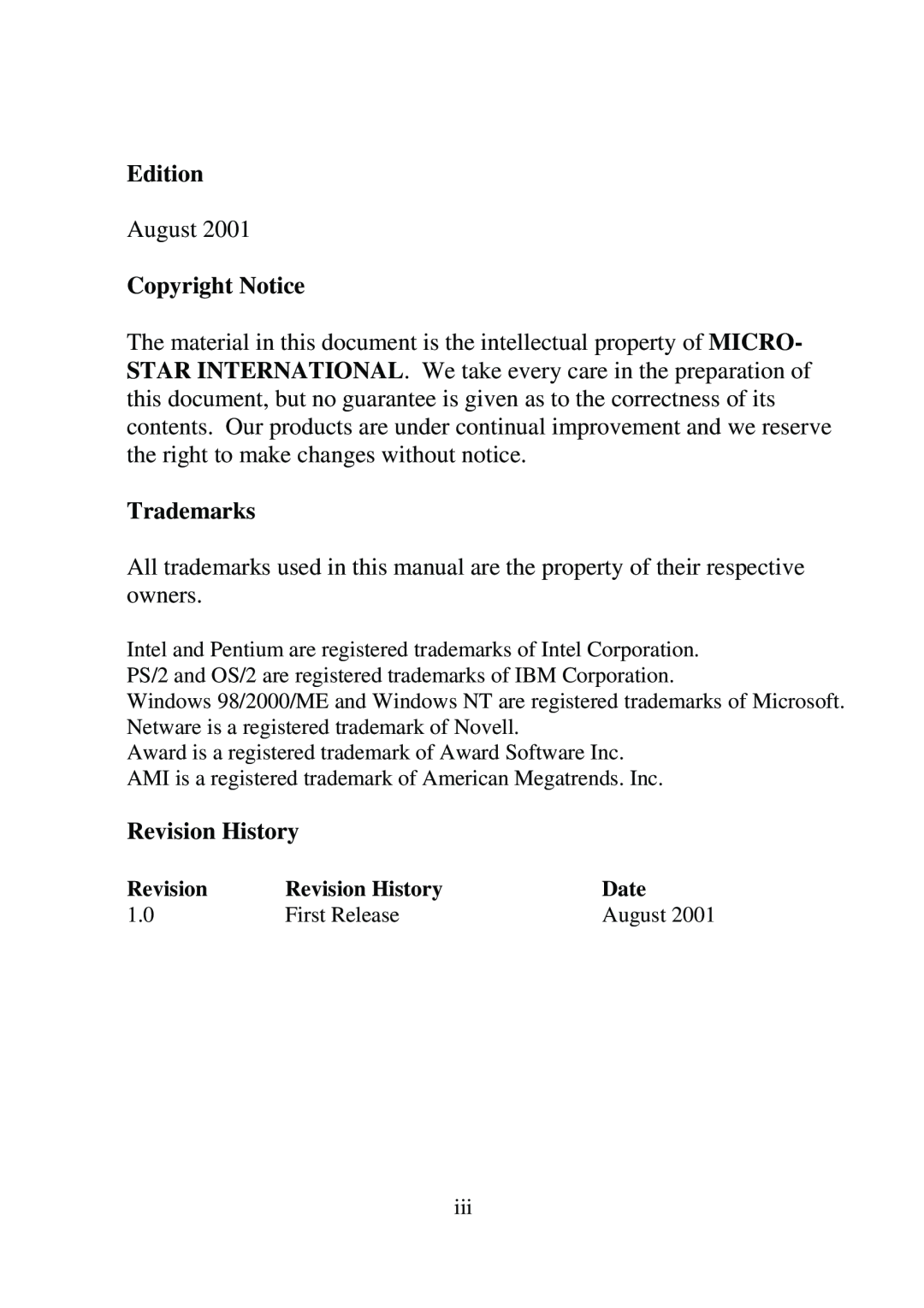 Premio Computer Aries/Centella manual Edition, Copyright Notice, Trademarks, Revision History 
