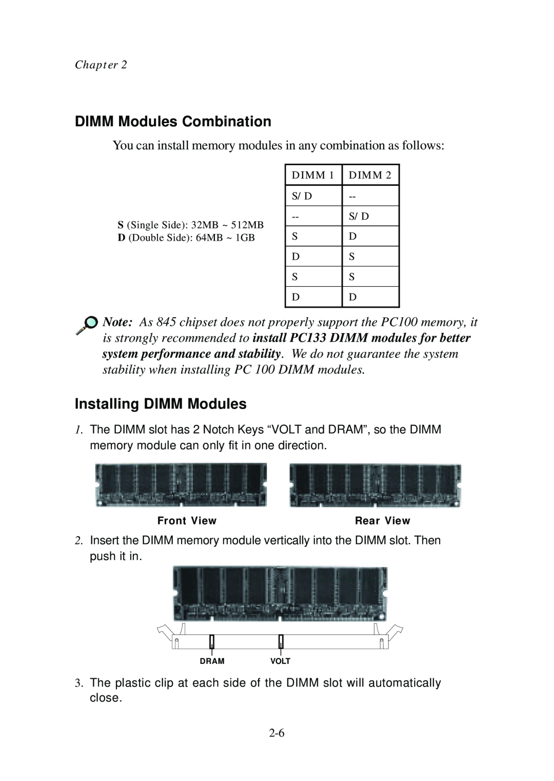 Premio Computer Aries/Centella manual DIMM Modules Combination, Installing DIMM Modules 