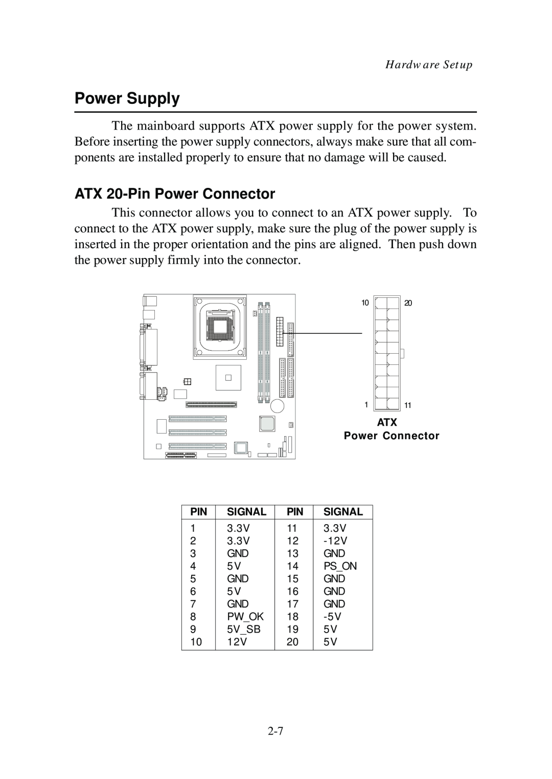 Premio Computer Aries/Centella manual Power Supply, ATX 20-Pin Power Connector 