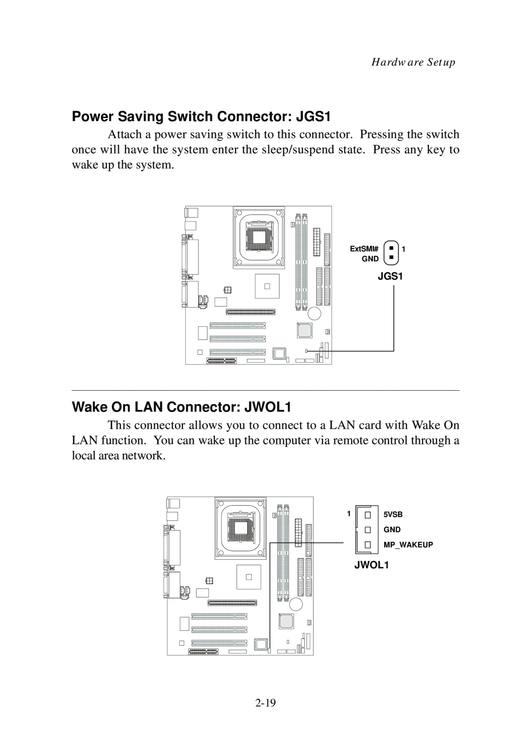 Premio Computer Aries/Centella manual Power Saving Switch Connector JGS1, Wake On LAN Connector JWOL1 
