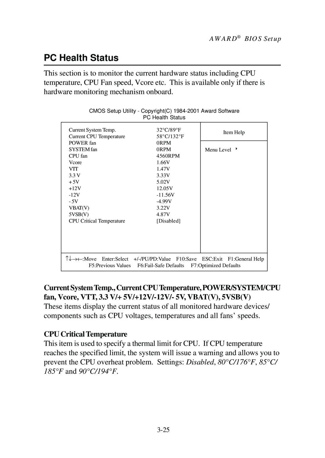 Premio Computer Aries/Centella manual PC Health Status, CPU Critical Temperature 