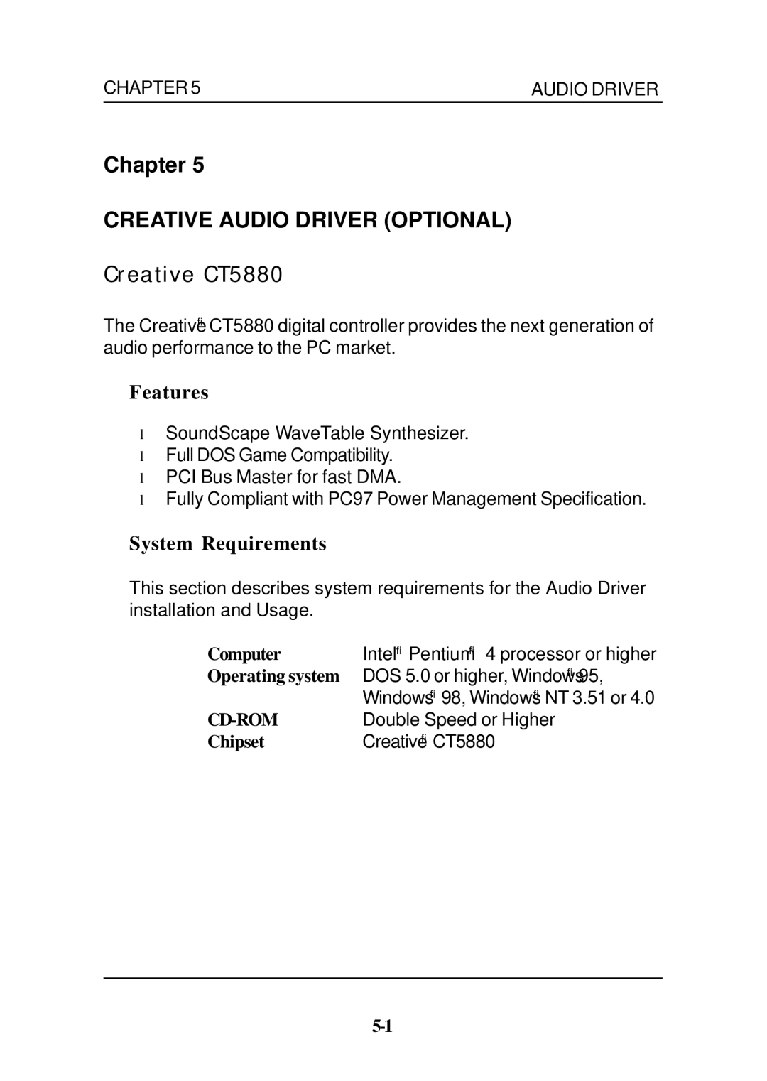 Premio Computer Premio Apollo/Shadowhawk Computer manual Creative CT5880, Features, System Requirements 