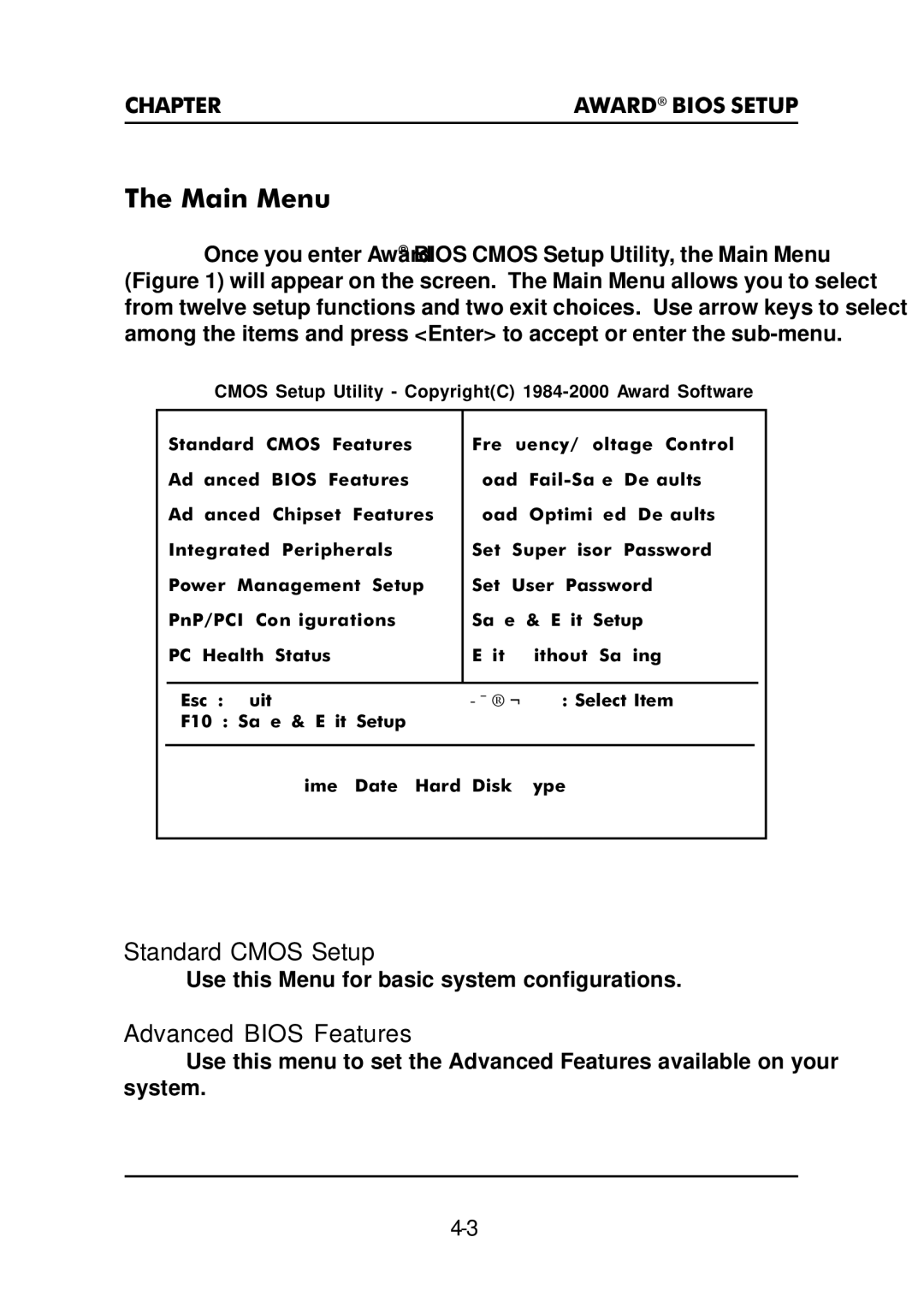 Premio Computer Premio Apollo/Shadowhawk Computer manual Main Menu, Standard Cmos Setup, Advanced Bios Features 