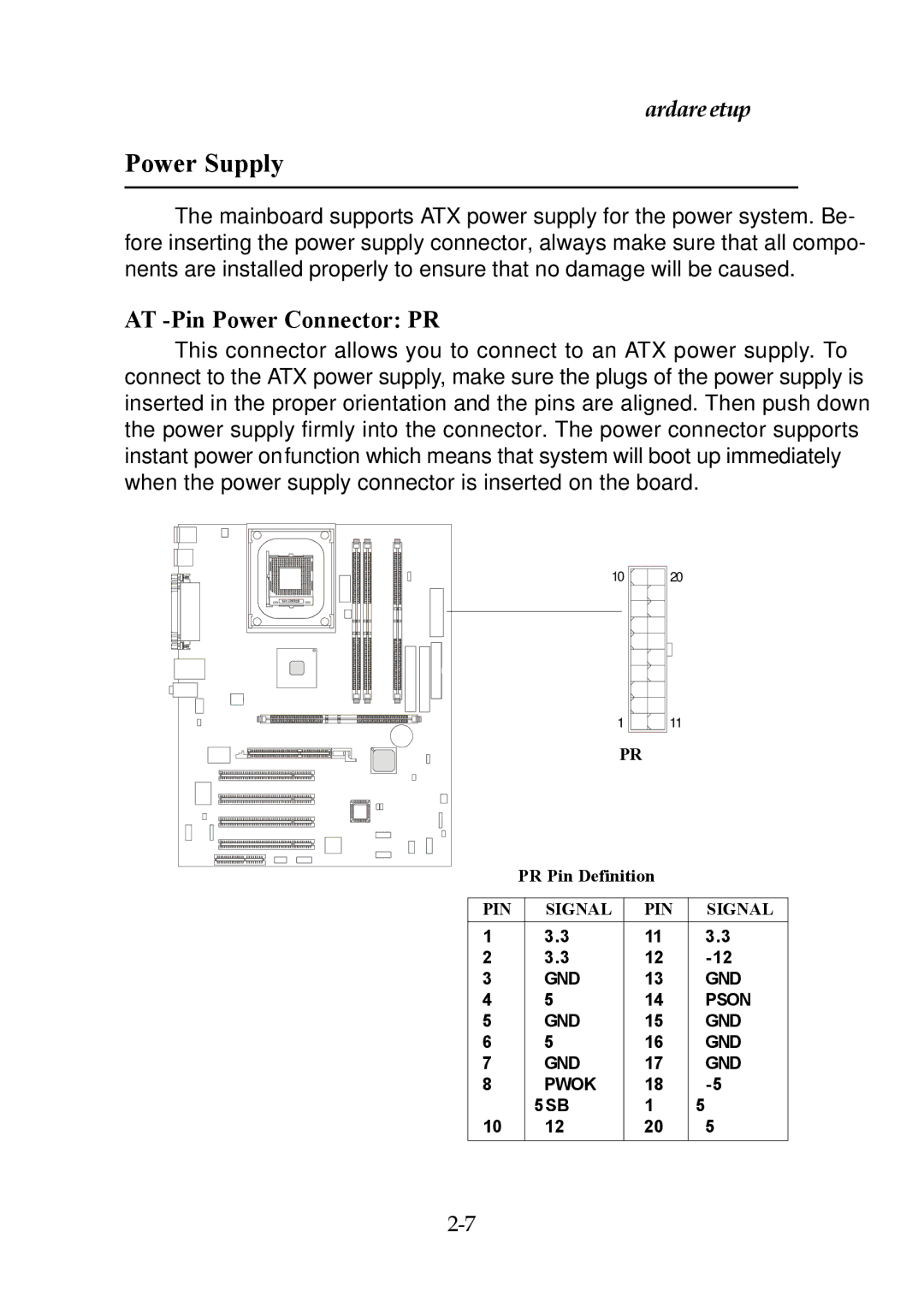 Premio Computer Premio Computer system manual Power Supply, ATX 20-Pin Power Connector JPWR1 