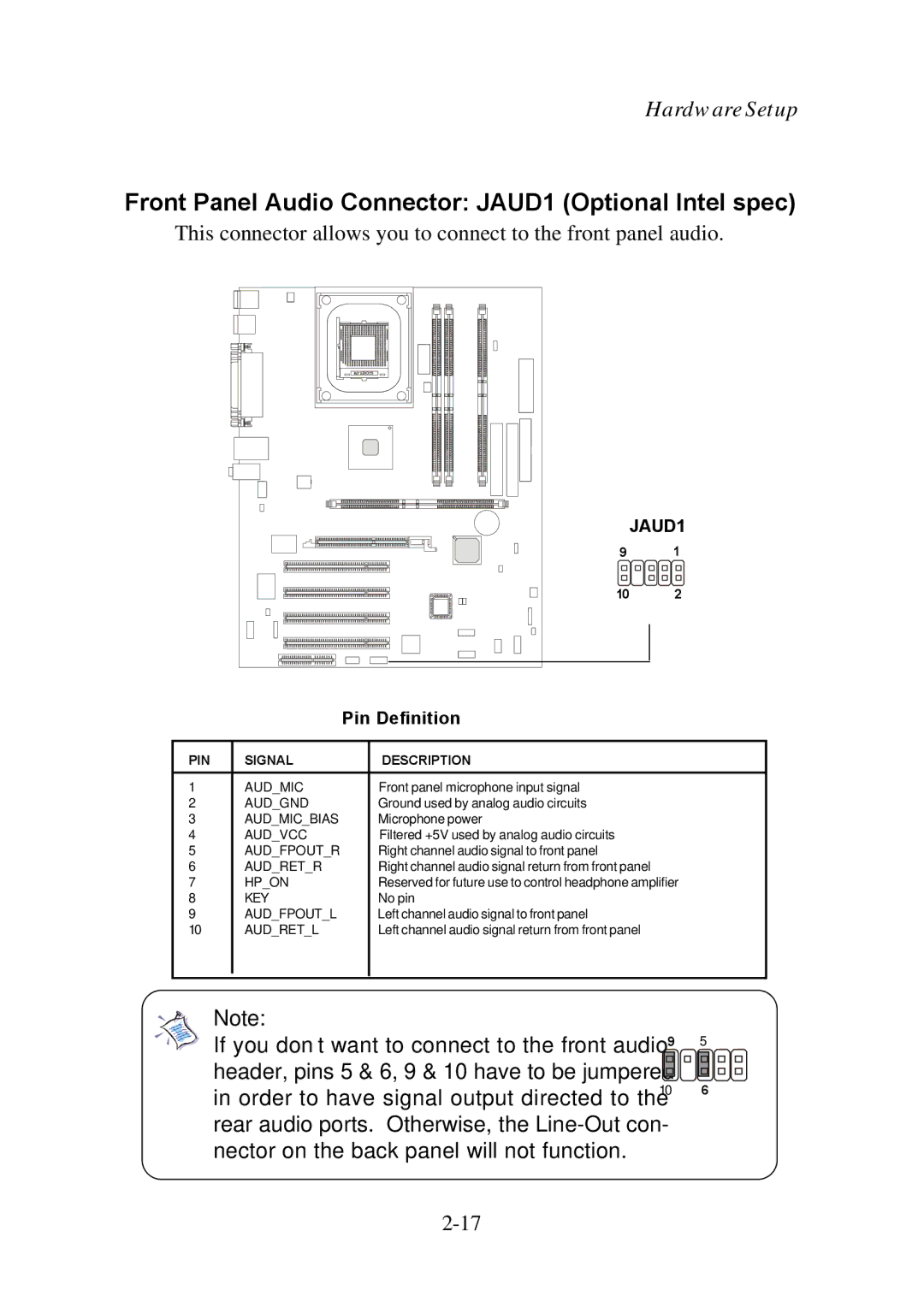 Premio Computer Premio Computer system manual Front Panel Audio Connector JAUD1 Optional Intel spec 