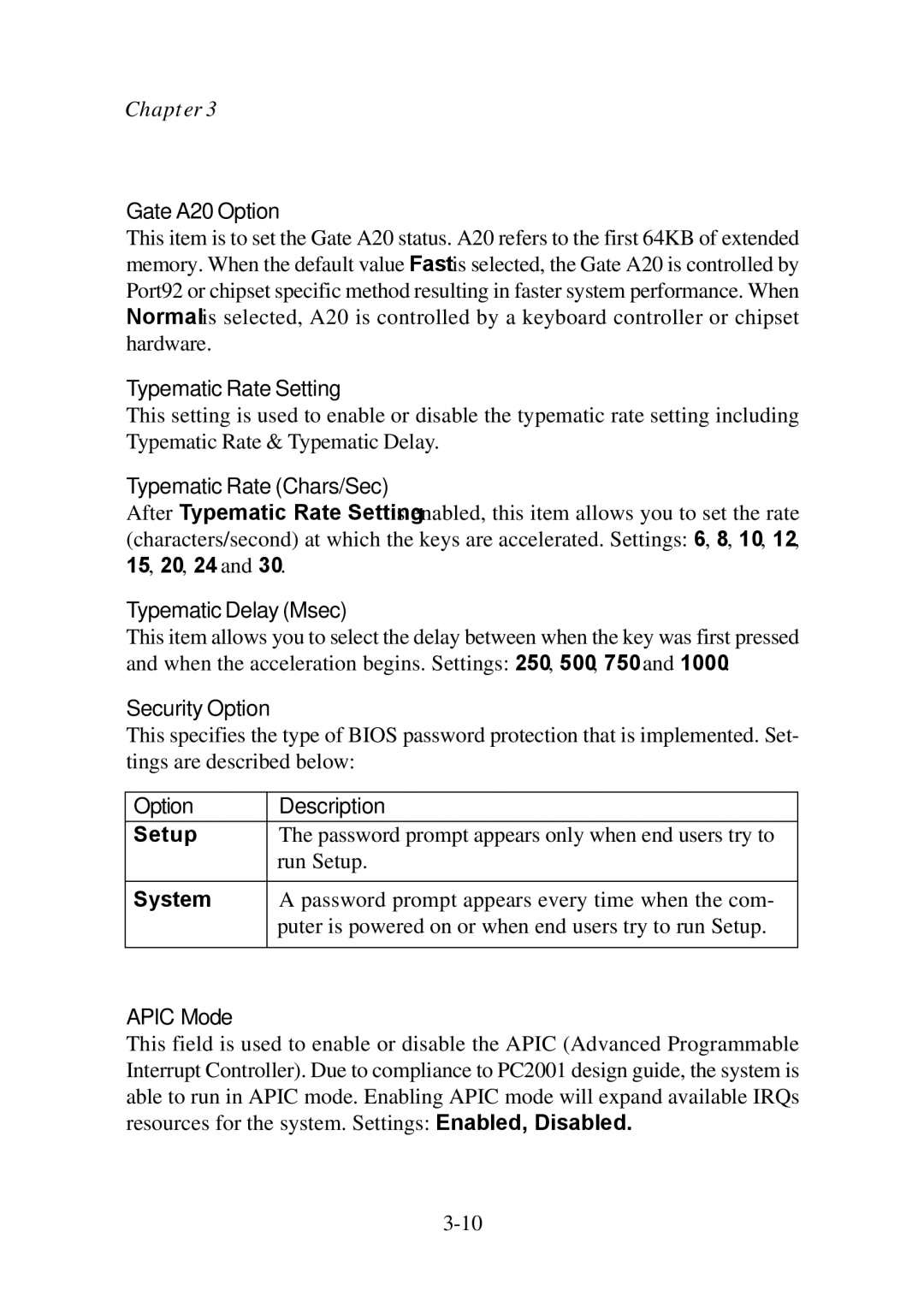 Premio Computer Premio Computer Gate A20 Option, Typematic Rate Setting, Typematic Rate Chars/Sec, Typematic Delay Msec 