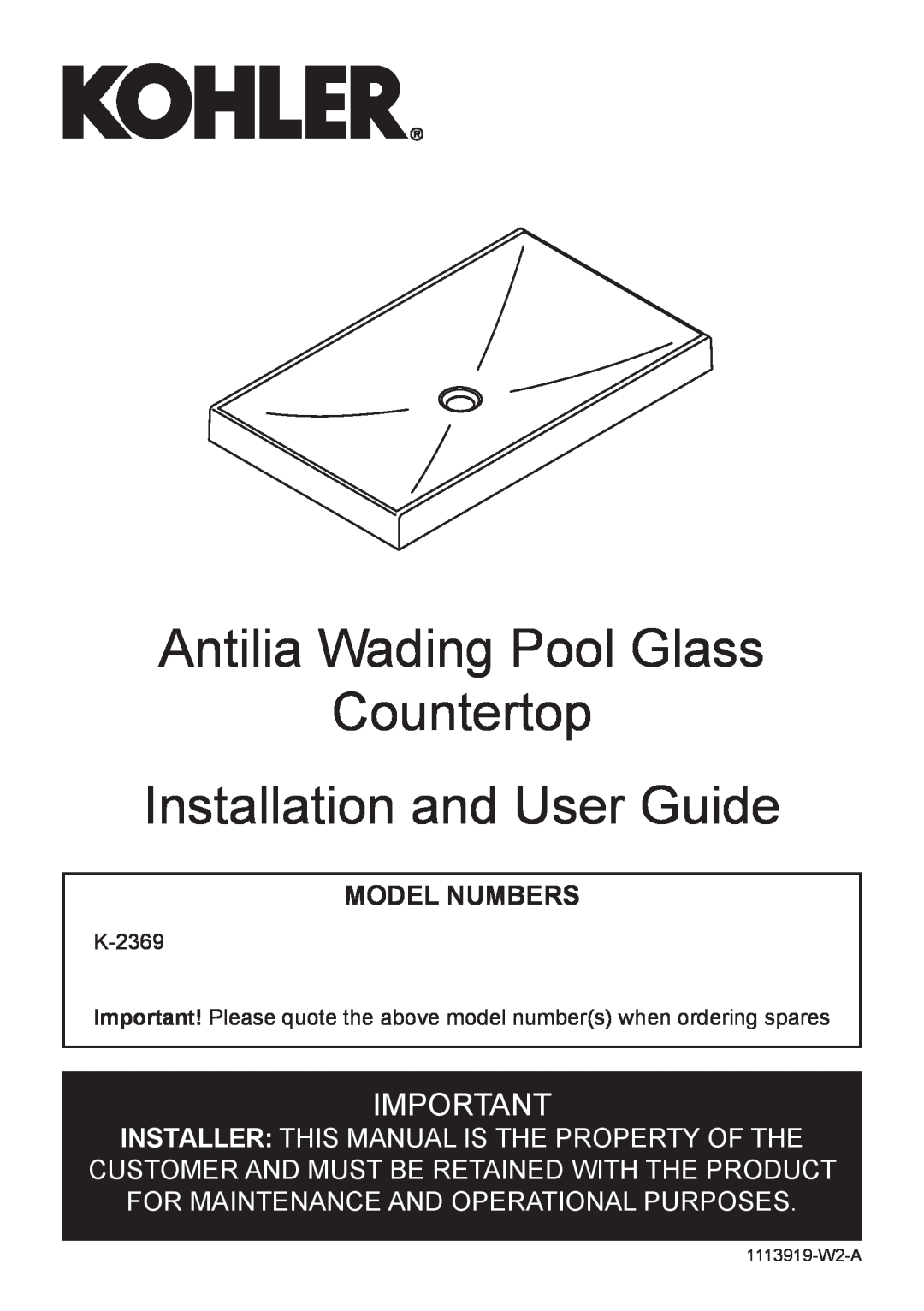 Premium Home Creations K-2369 manual Antilia Wading Pool Glass Countertop Installation and User Guide, Model Numbers 