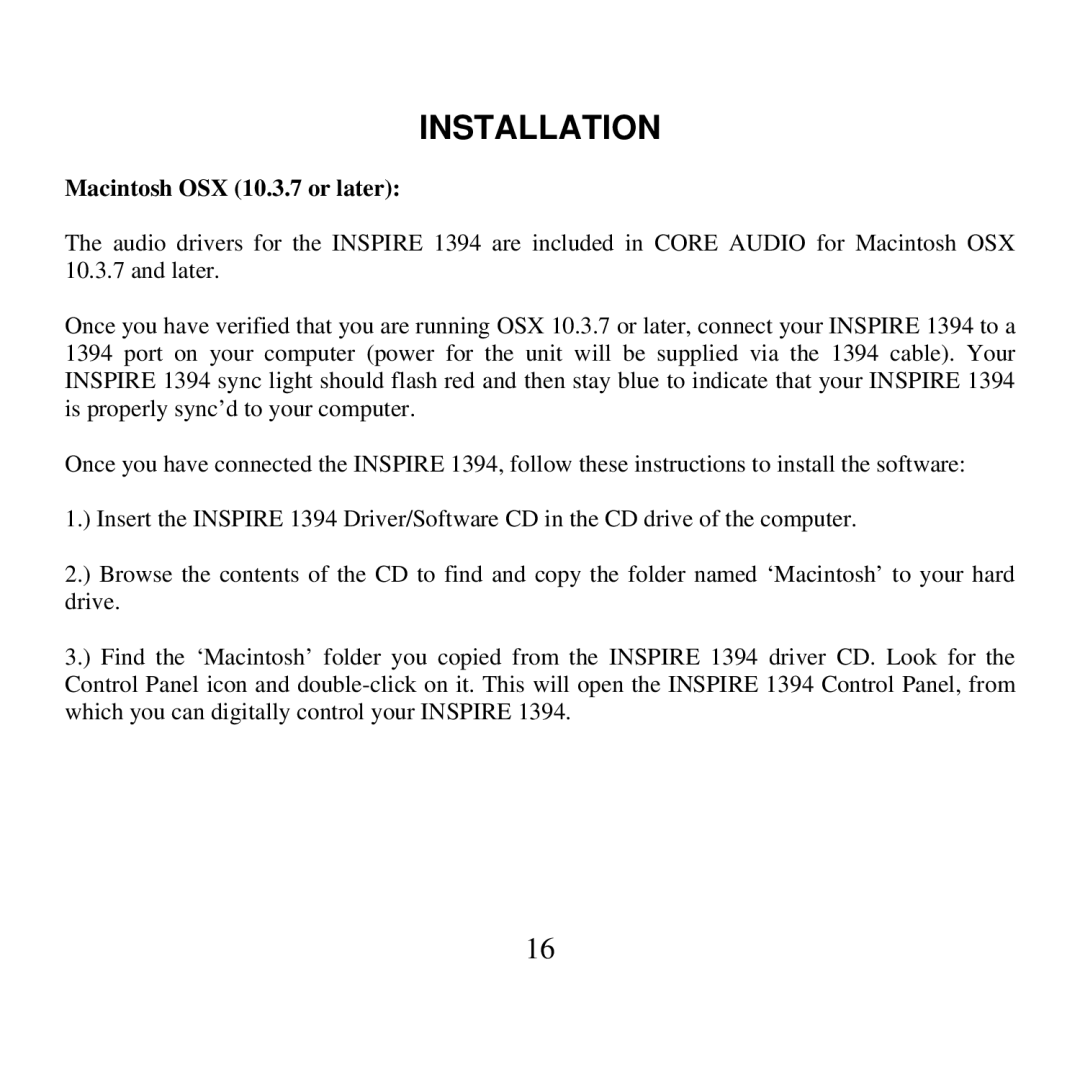 Presonus Audio electronic 1394 user manual Macintosh OSX 10.3.7 or later 