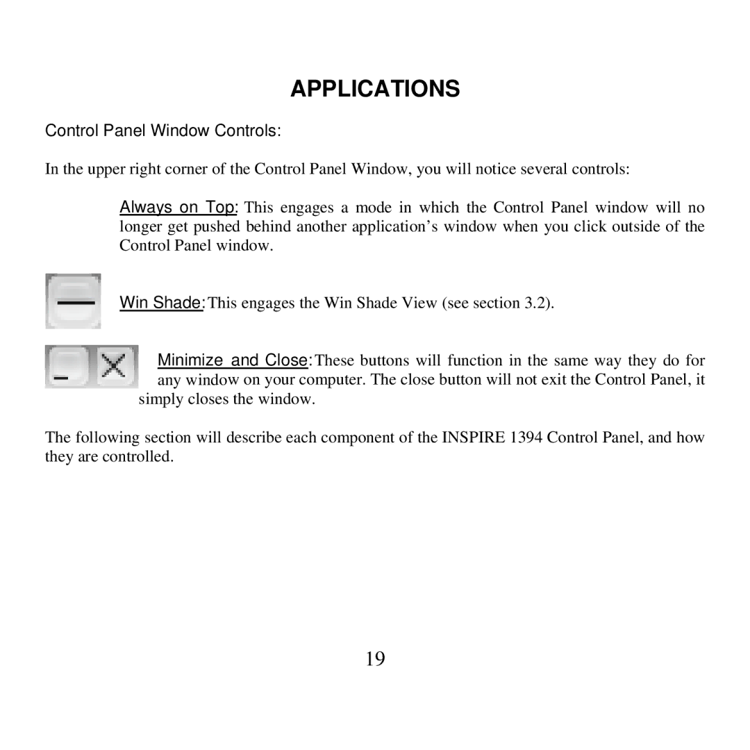 Presonus Audio electronic 1394 user manual Control Panel Window Controls 