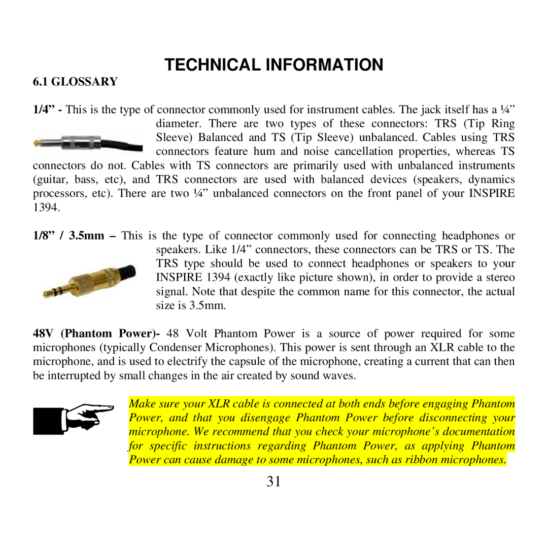 Presonus Audio electronic 1394 user manual Technical Information, Glossary 