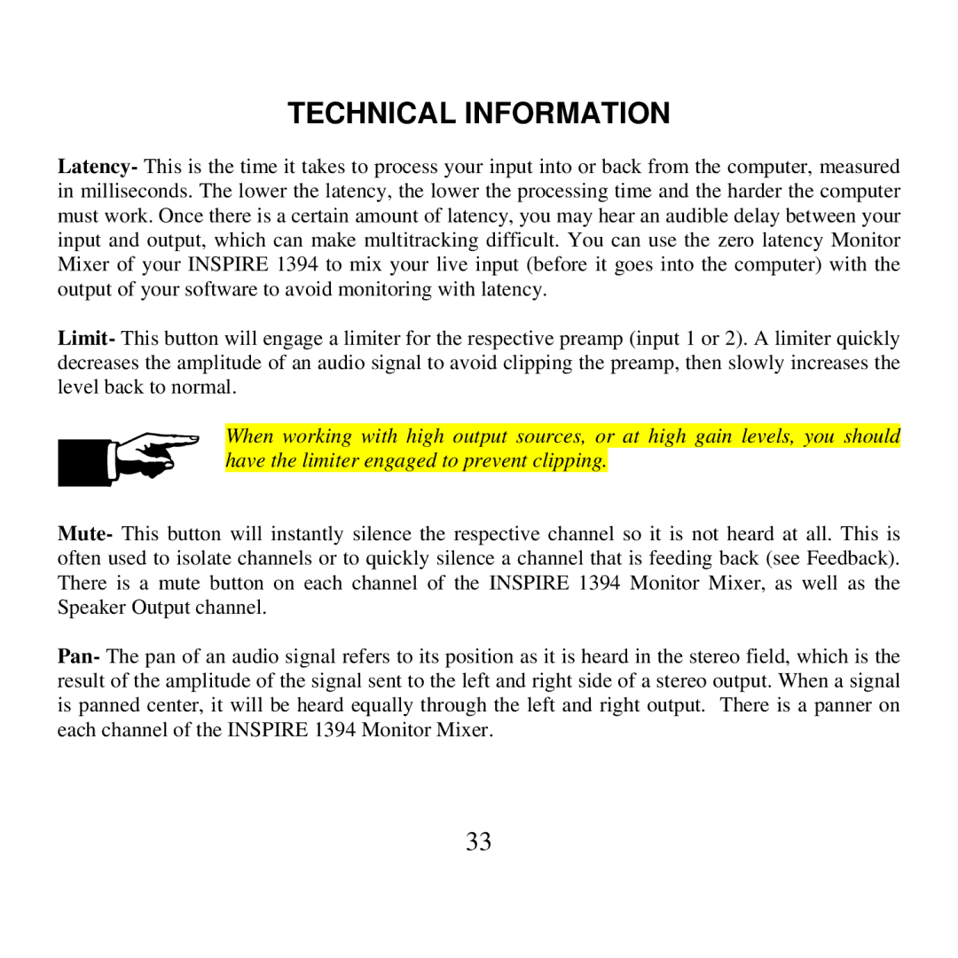 Presonus Audio electronic 1394 user manual Technical Information 