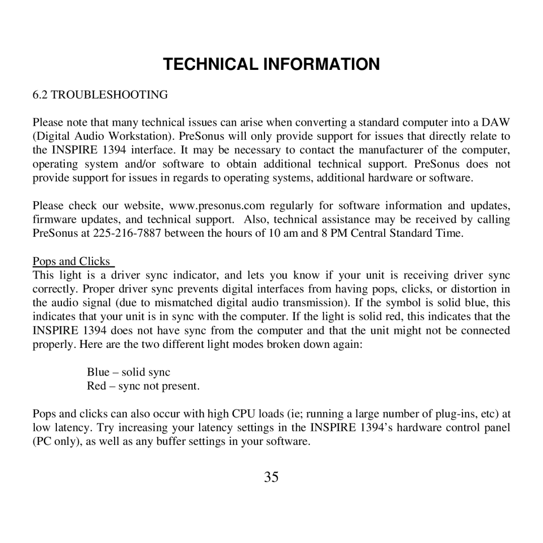 Presonus Audio electronic 1394 user manual Troubleshooting, Pops and Clicks 