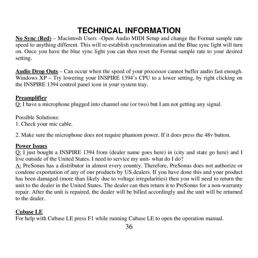 Presonus Audio electronic 1394 user manual Preamplifier, Power Issues, Cubase LE 