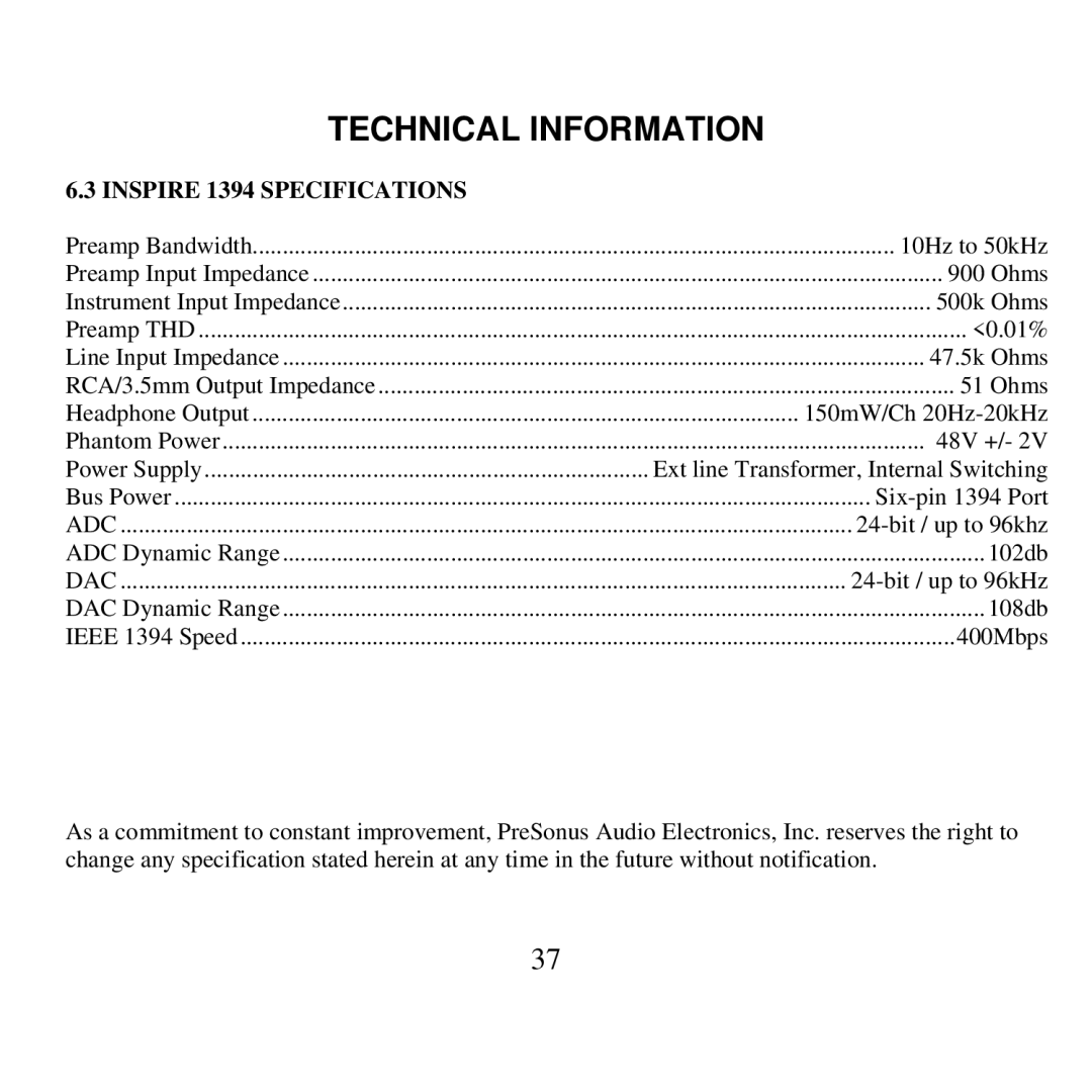 Presonus Audio electronic user manual Inspire 1394 Specifications, 400Mbps 