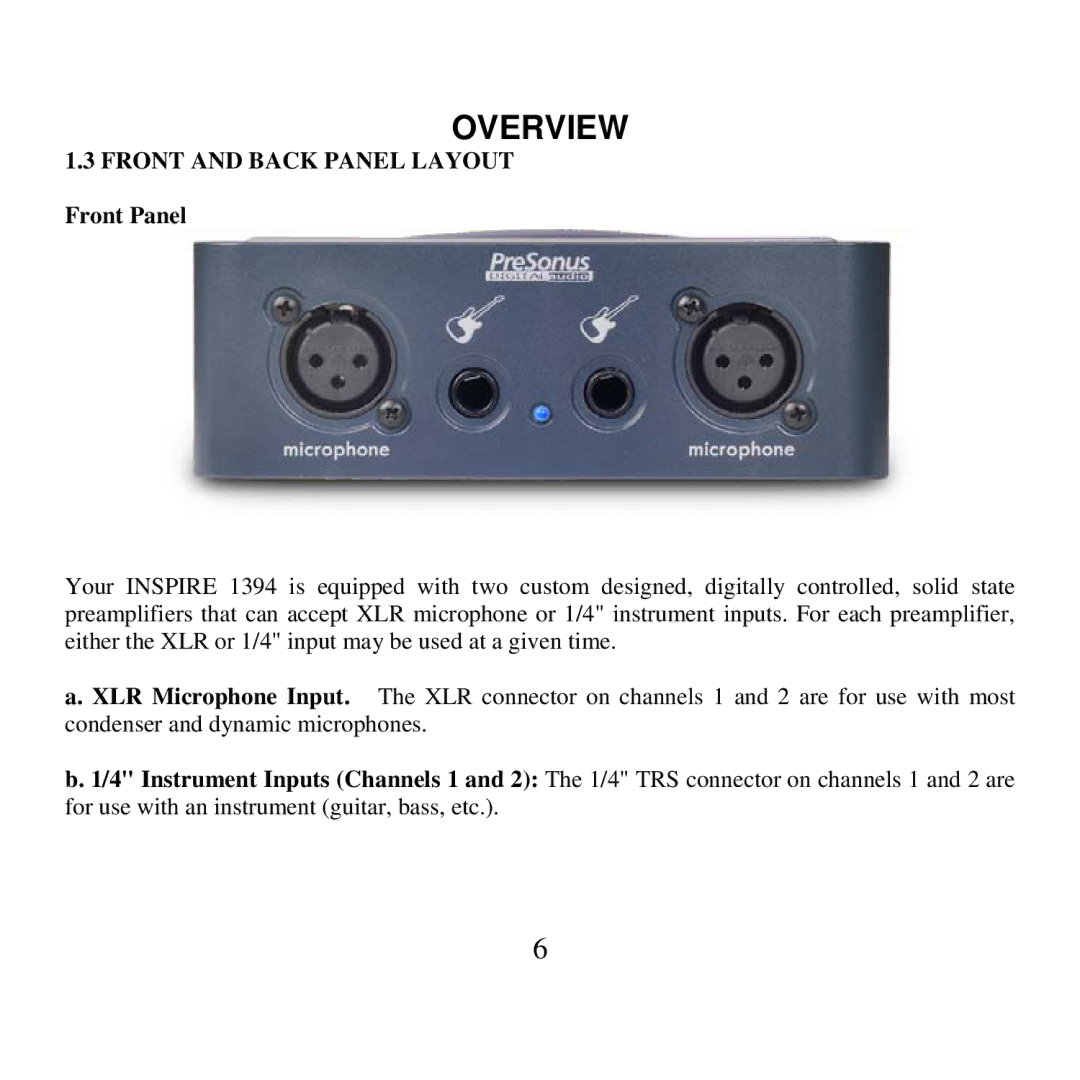 Presonus Audio electronic 1394 user manual Front and Back Panel Layout Front Panel 