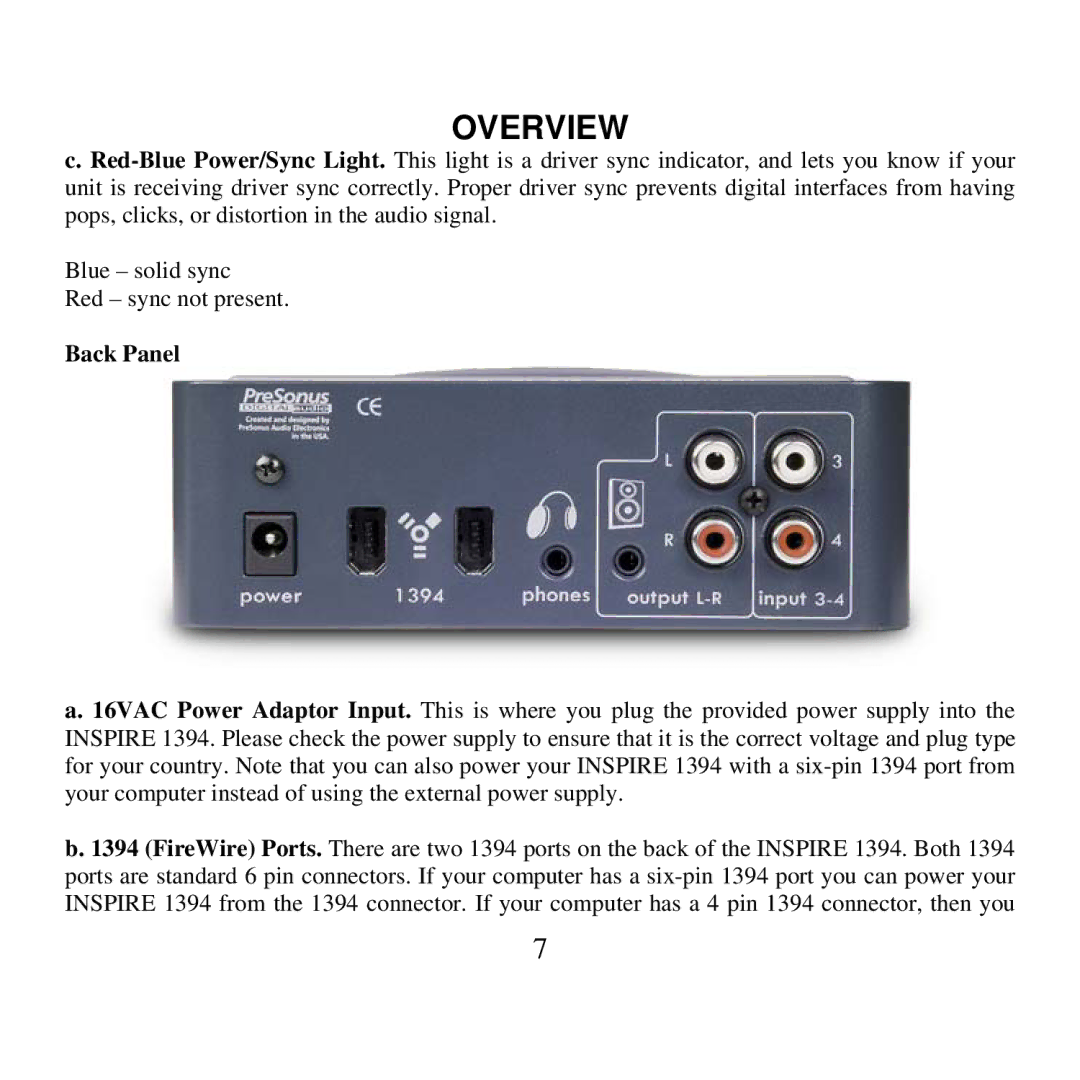 Presonus Audio electronic 1394 user manual Back Panel 