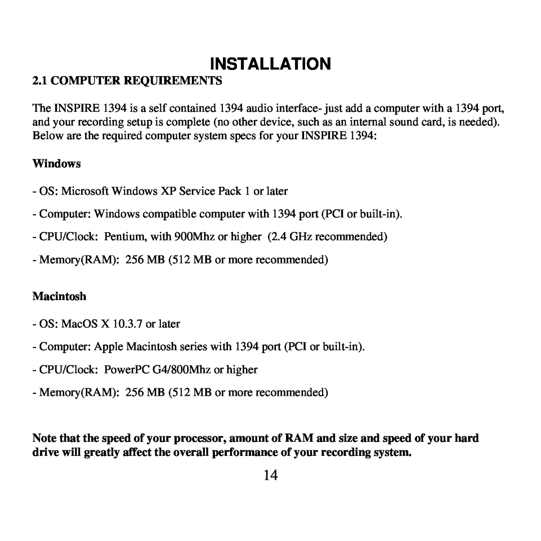 Presonus Audio electronic 1394 user manual Installation, Computer Requirements, Windows, Macintosh 