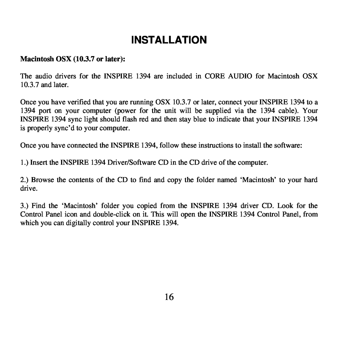 Presonus Audio electronic 1394 user manual Macintosh OSX 10.3.7 or later, Installation 
