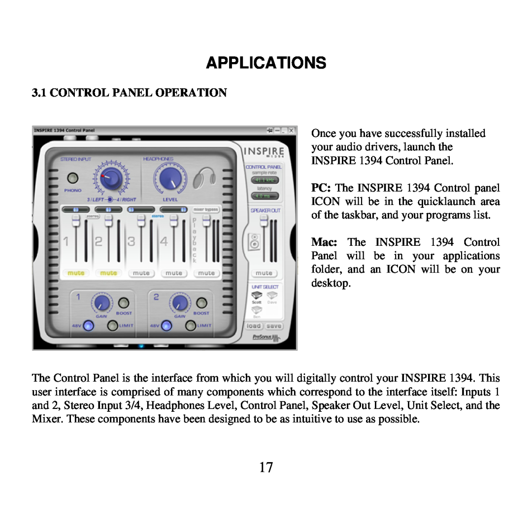 Presonus Audio electronic 1394 user manual Applications, Control Panel Operation 