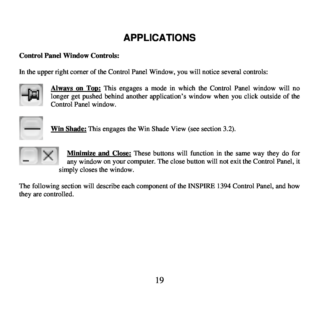 Presonus Audio electronic 1394 user manual Control Panel Window Controls, Applications 