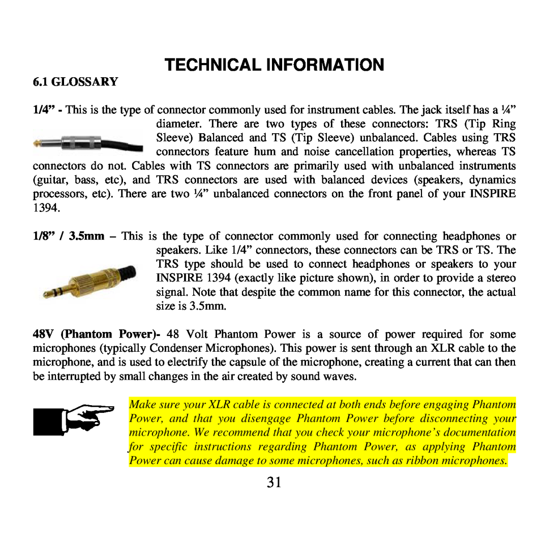 Presonus Audio electronic 1394 user manual Technical Information, Glossary 