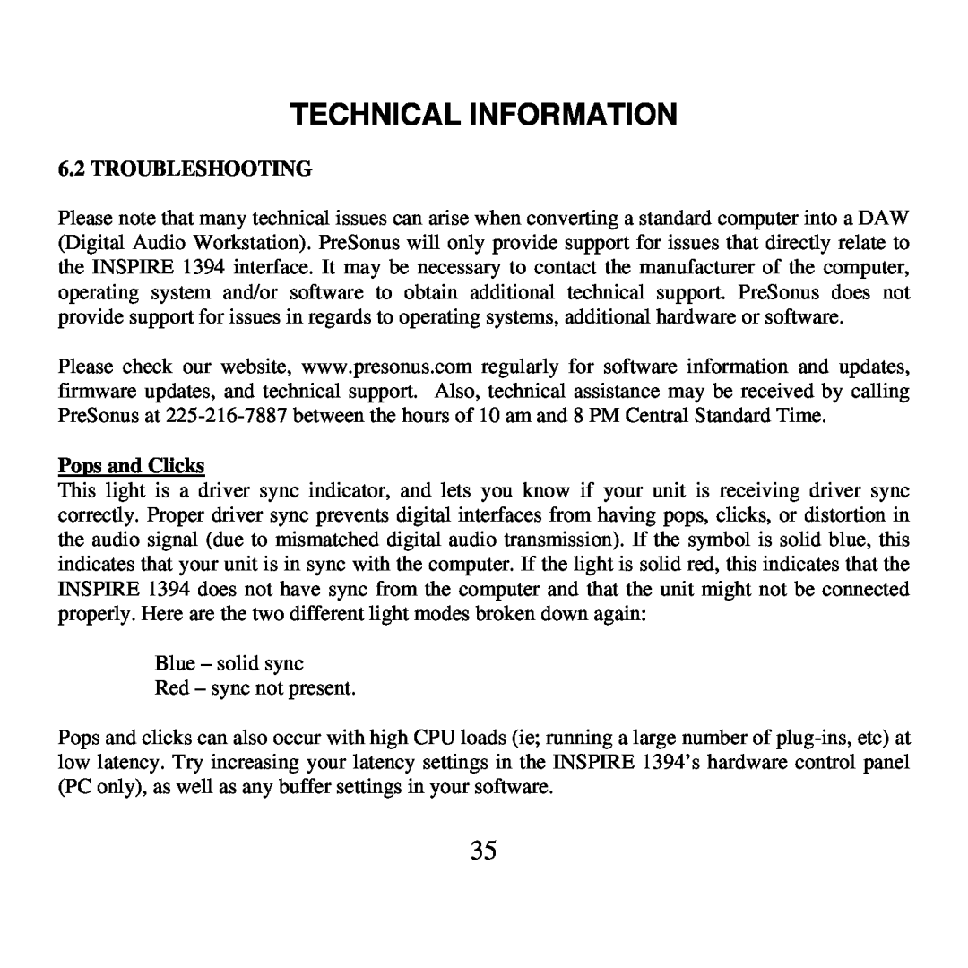 Presonus Audio electronic 1394 user manual Troubleshooting, Pops and Clicks, Technical Information 