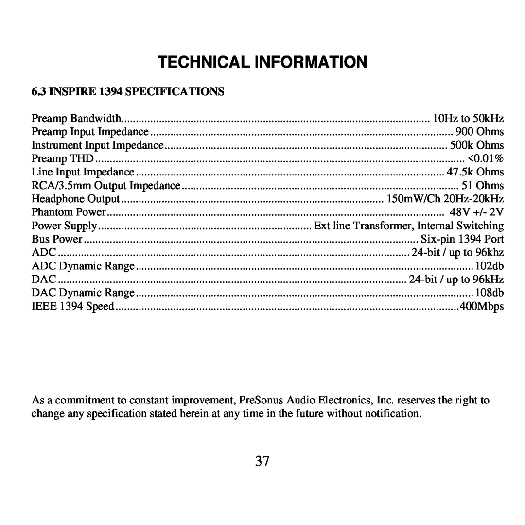 Presonus Audio electronic user manual INSPIRE 1394 SPECIFICATIONS, Technical Information 