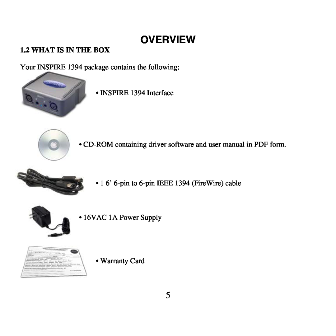 Presonus Audio electronic user manual What Is In The Box, Overview, Your INSPIRE 1394 package contains the following 