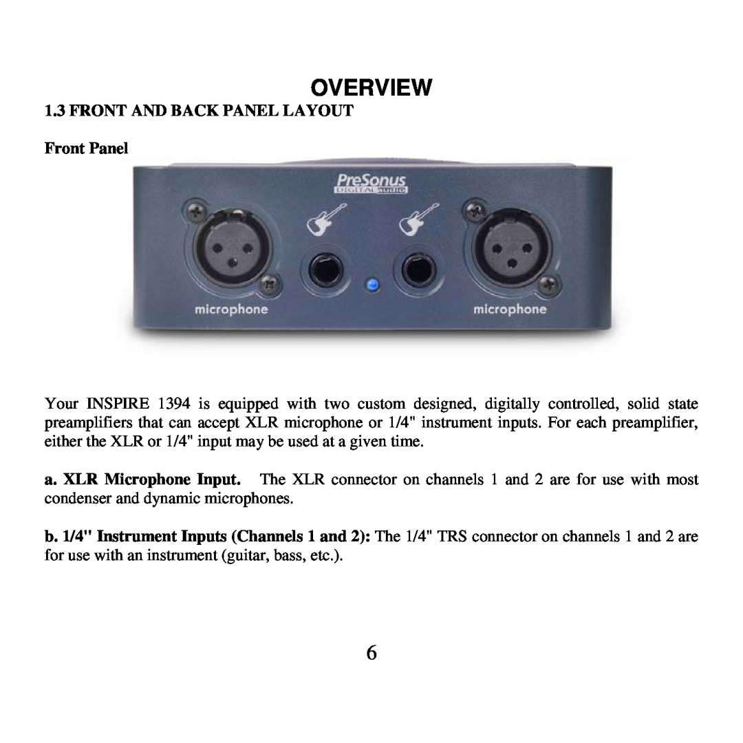 Presonus Audio electronic 1394 user manual 1.3FRONT AND BACK PANEL LAYOUT Front Panel, Overview 
