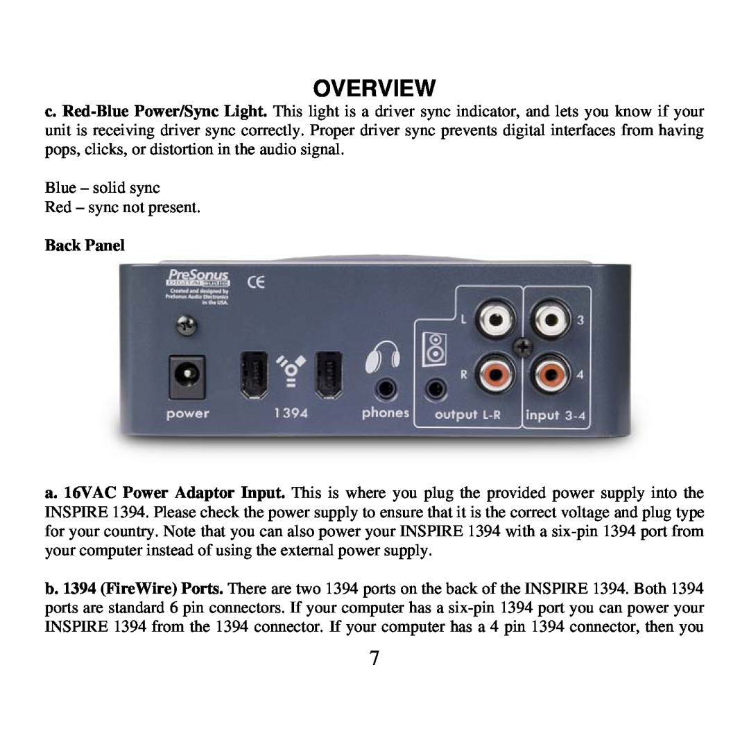Presonus Audio electronic 1394 user manual Back Panel, Overview 
