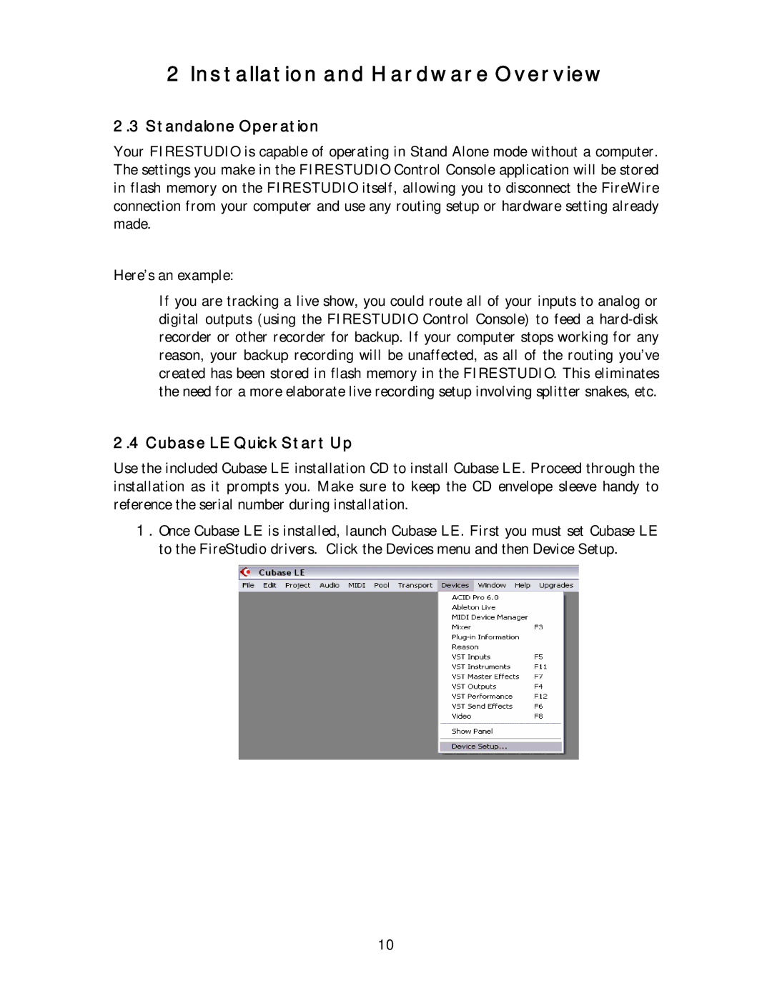 Presonus Audio electronic 26x26 FireWire Recording System user manual Standalone Operation, Cubase LE Quick Start Up 