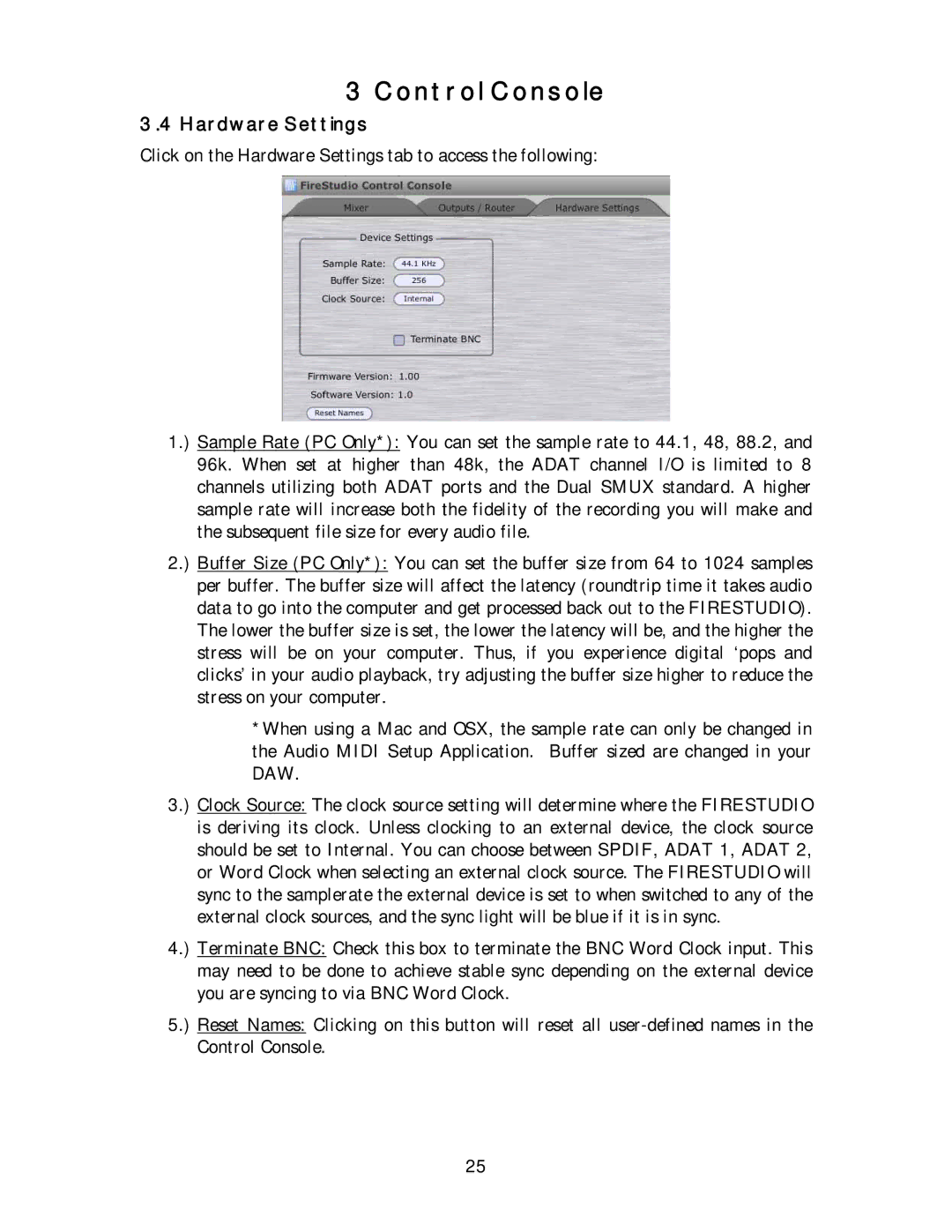 Presonus Audio electronic 26x26 FireWire Recording System user manual Hardware Settings 