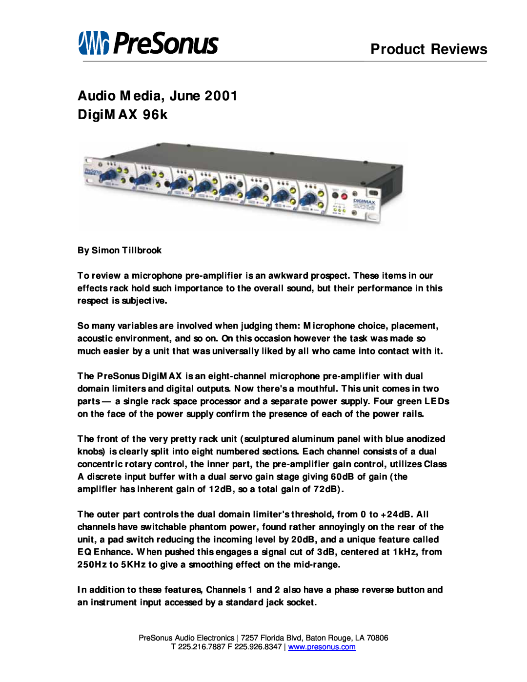 Presonus Audio electronic manual Product Reviews Audio Media, June DigiMAX 96k 