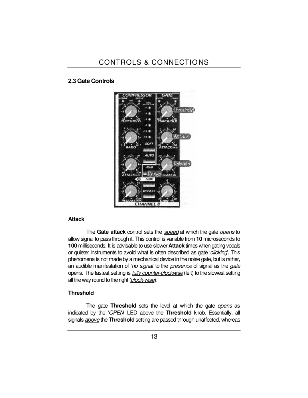 Presonus Audio electronic ACP88 user manual Gate Controls 