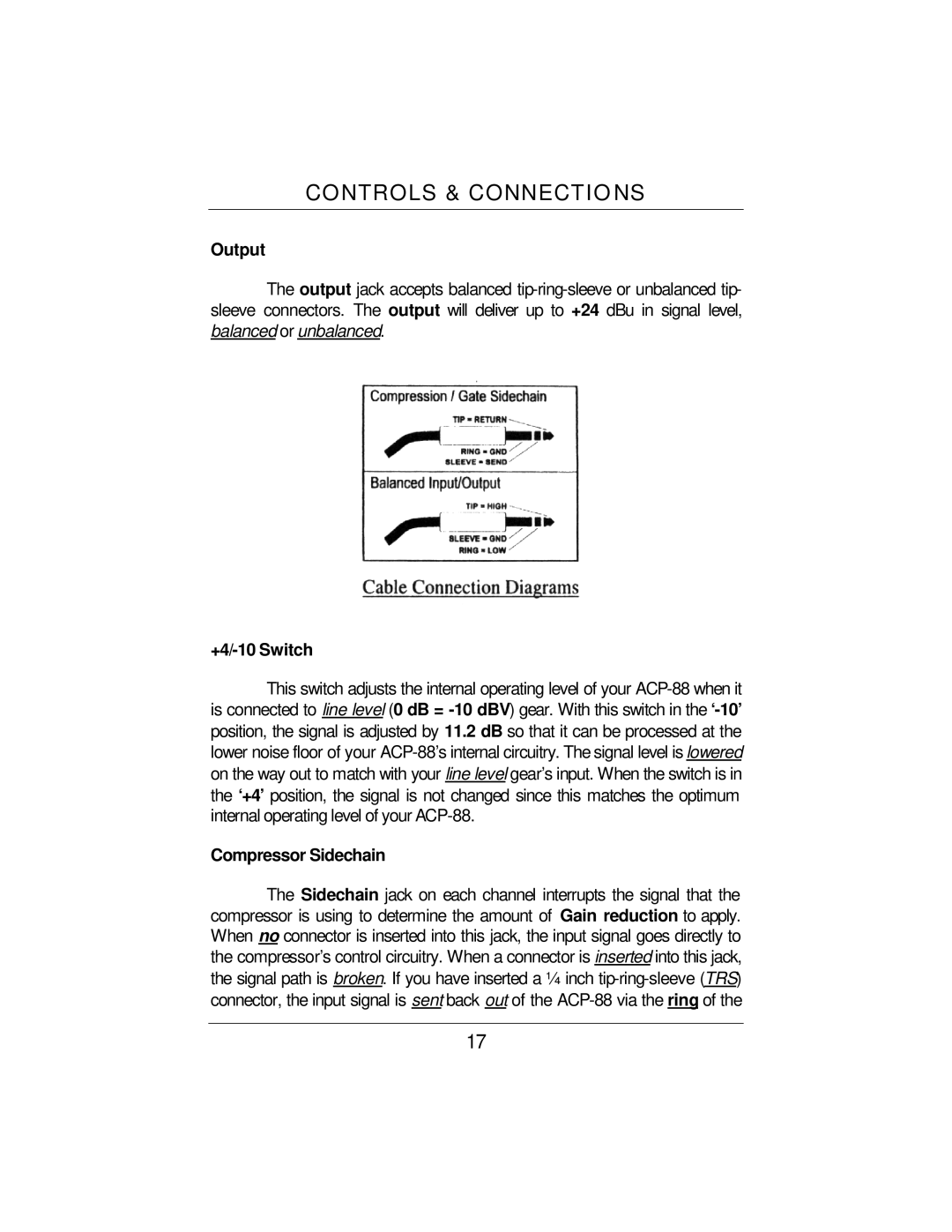 Presonus Audio electronic ACP88 user manual Output, +4/-10 Switch, Compressor Sidechain 