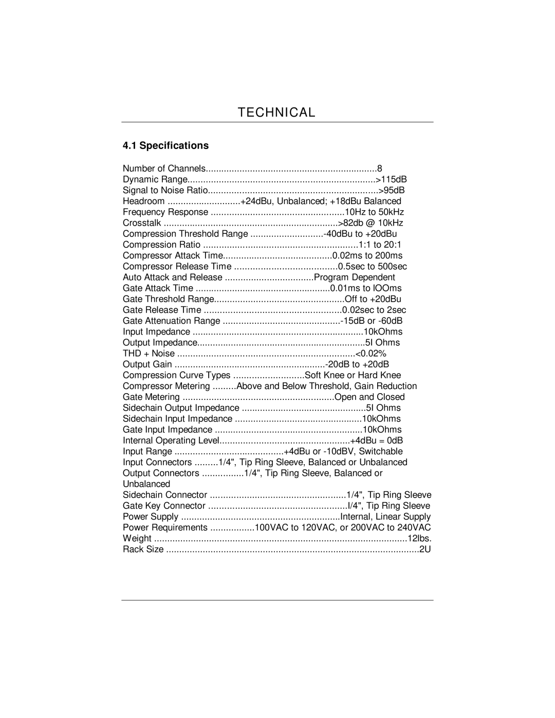 Presonus Audio electronic ACP88 user manual Technical, Specifications 