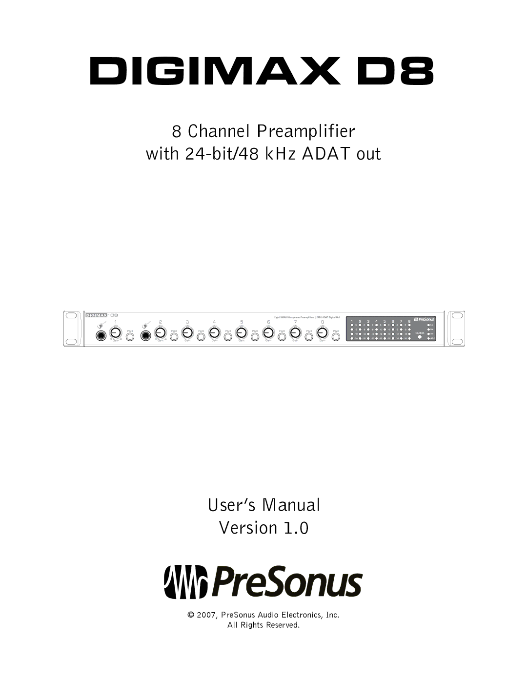 Presonus Audio electronic Digimax 8 Channel Preamplifier with 24 bit/48 kHz ADAT out user manual Digimax D8 