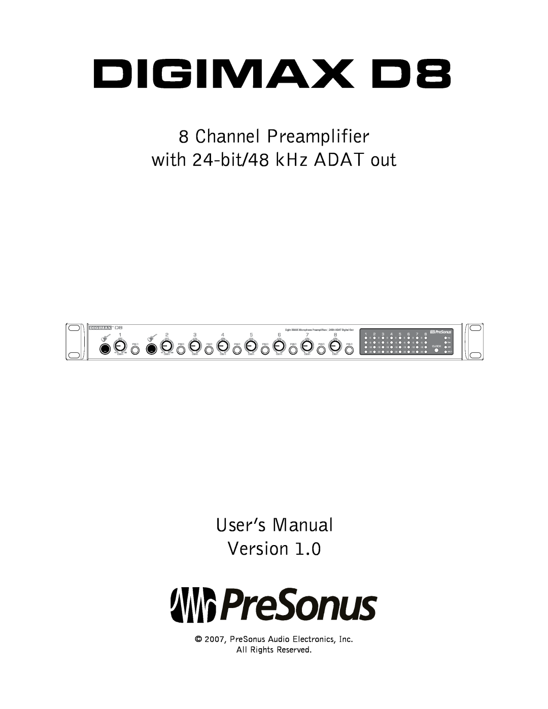 Presonus Audio electronic Digimax 8 Channel Preamplifier with 24 bit/48 kHz ADAT out user manual DIGIMAX D8 