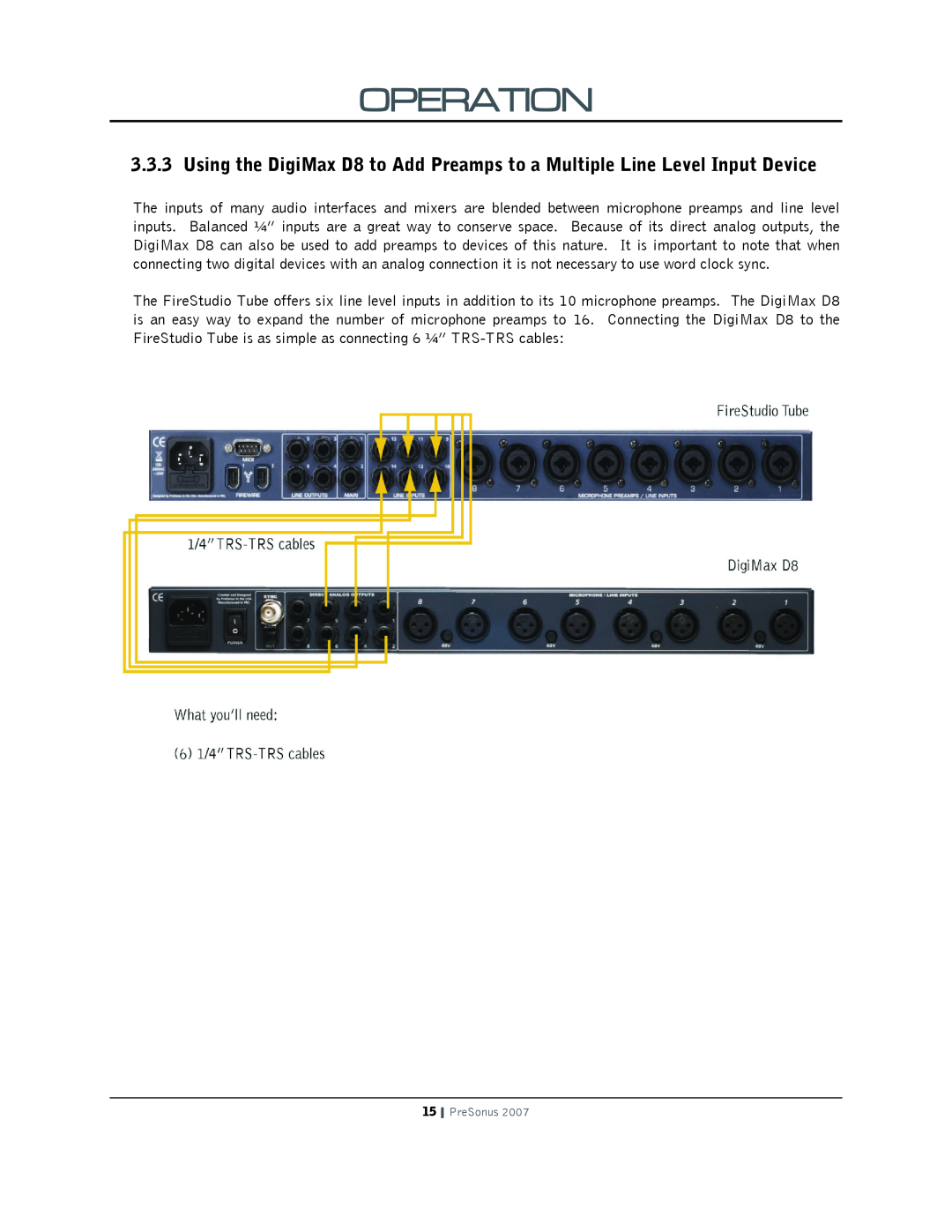Presonus Audio electronic Digimax 8 Channel Preamplifier with 24 bit/48 kHz ADAT out, D8 user manual Operation, PreSonus 