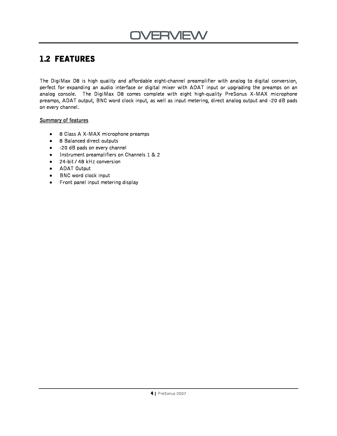Presonus Audio electronic D8 user manual Features, Summary of features, Overview 
