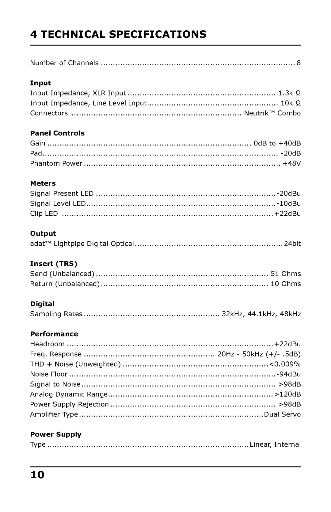 Presonus Audio electronic DigiMAX LT user manual Technical Specifications 