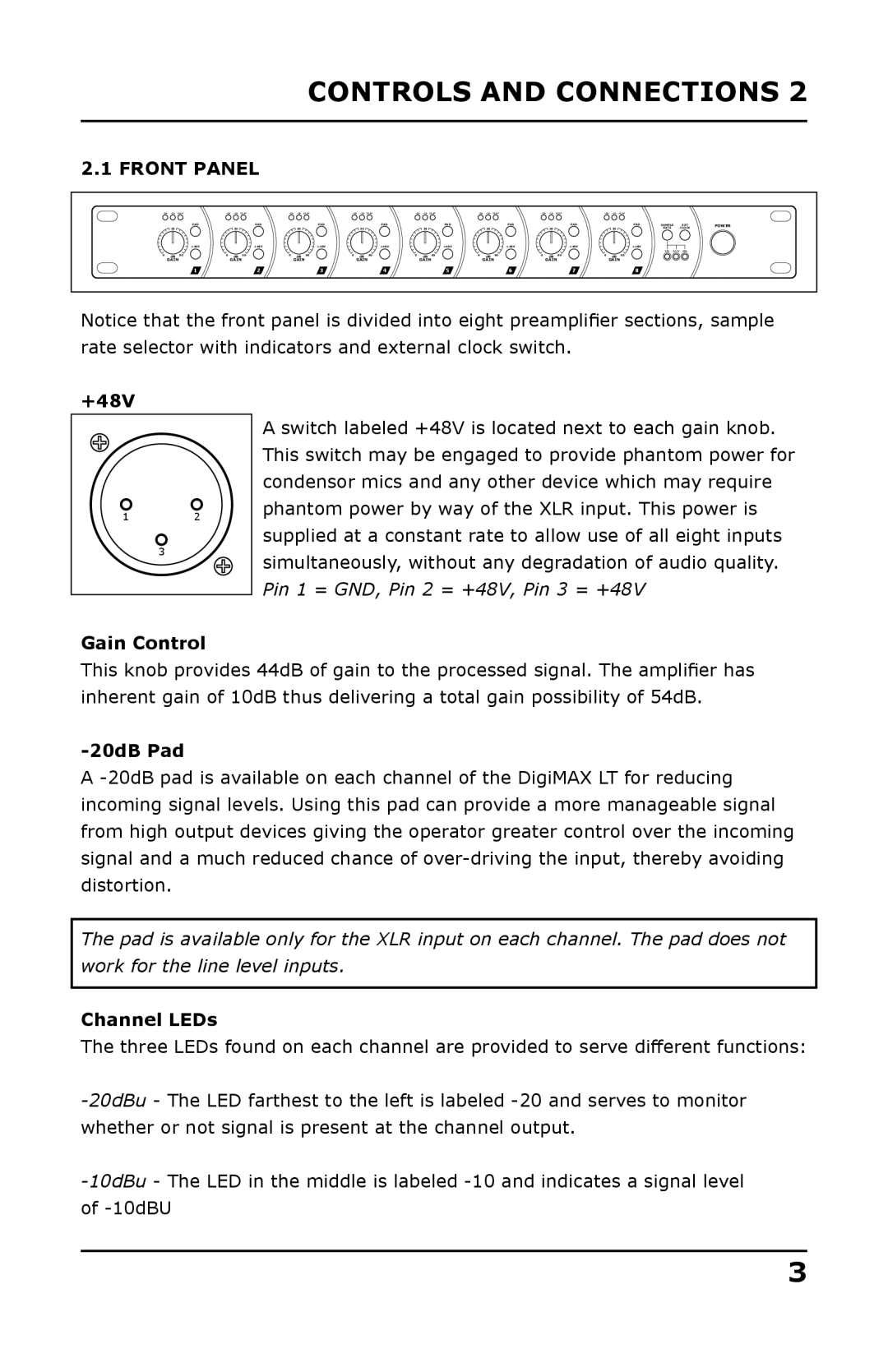 Presonus Audio electronic DigiMAX LT user manual Controls and Connections, Front Panel, +48V, Gain Control, Channel LEDs 