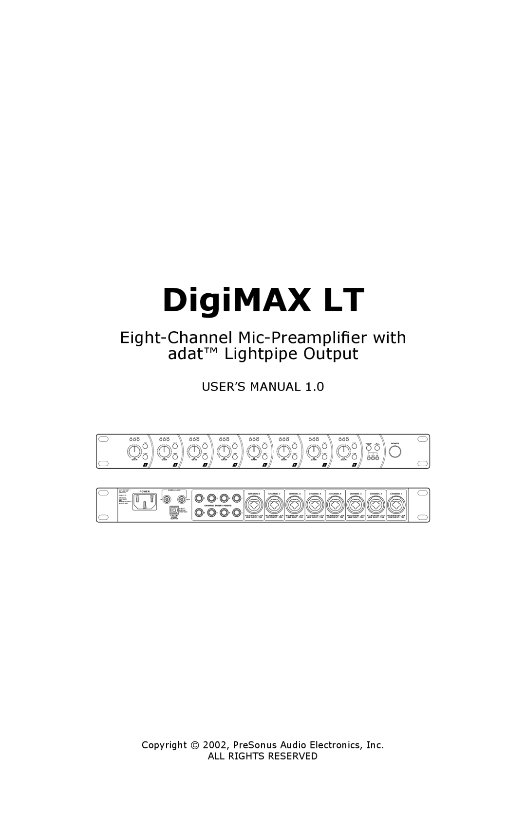 Presonus Audio electronic DigiMAX LT user manual Eight-Channel Mic-Preamplifierwith, adat Lightpipe Output 