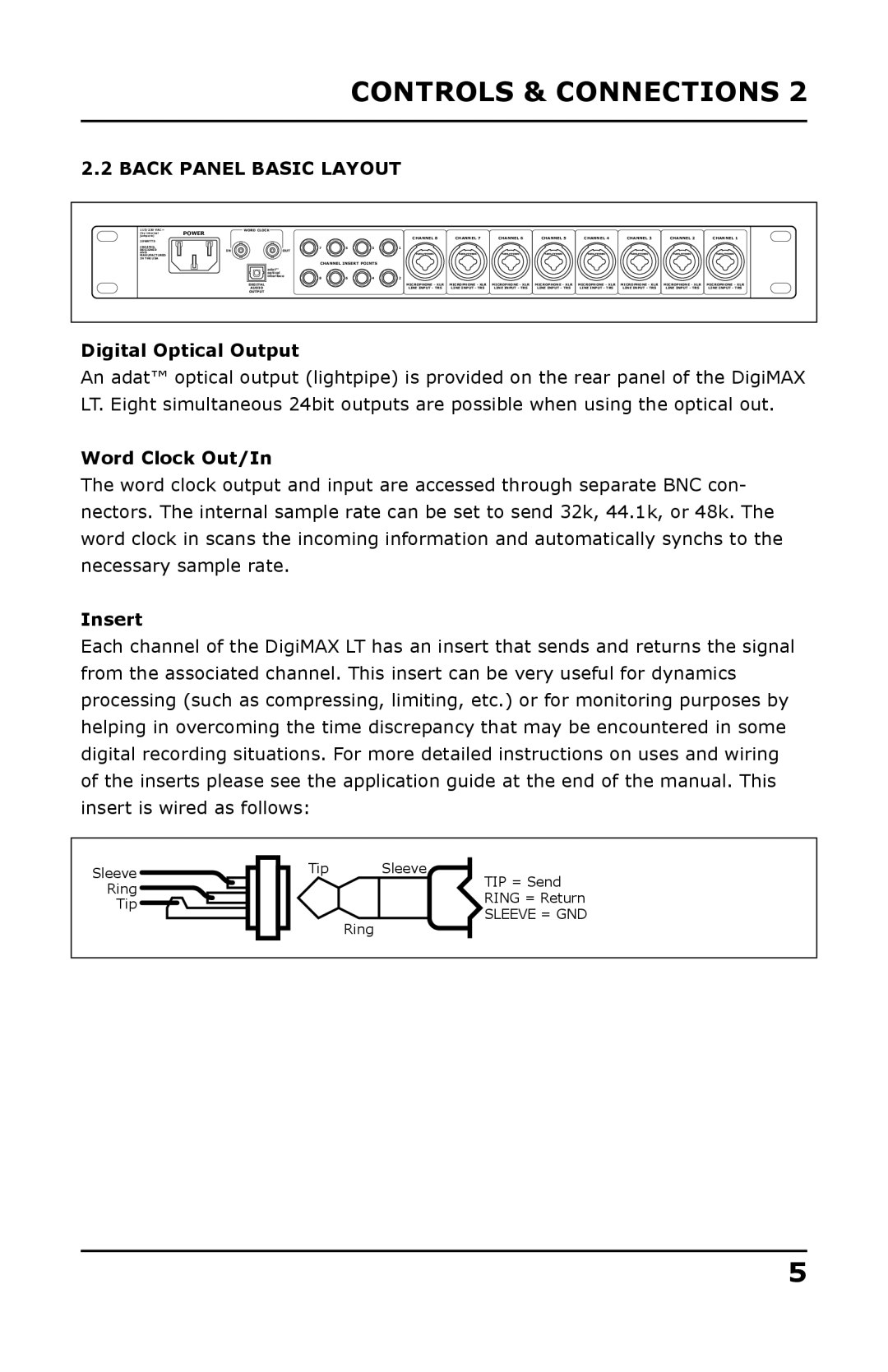 Presonus Audio electronic DigiMAX LT user manual Back Panel Basic Layout, Word Clock Out/In, Insert, Controls & Connections 
