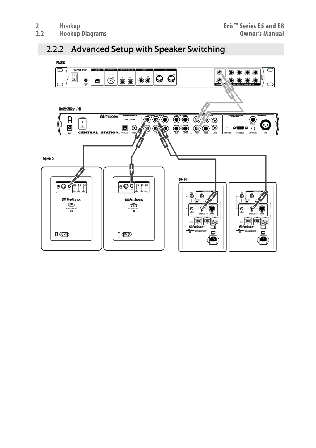 Presonus Audio electronic E8, E5 owner manual Advanced Setup with Speaker Switching 